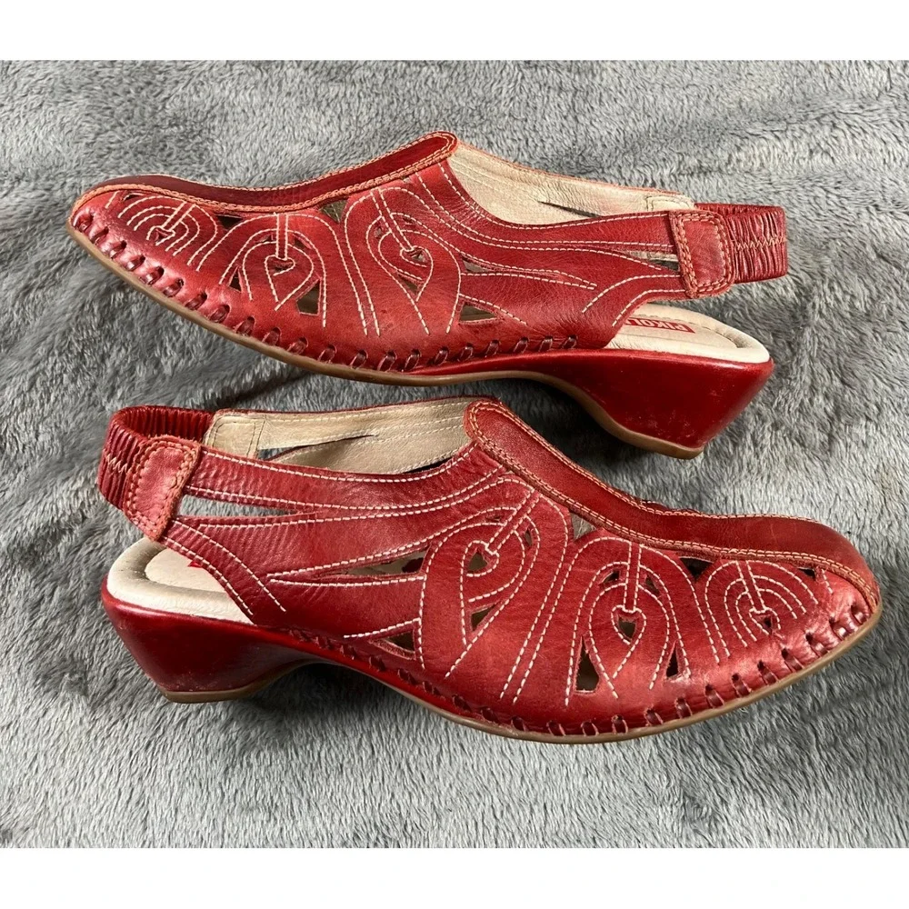 Pikolinos Cutout Wedge Sandals US 7.5 EU 38  Red Leather Boho Lagenlook Comfort